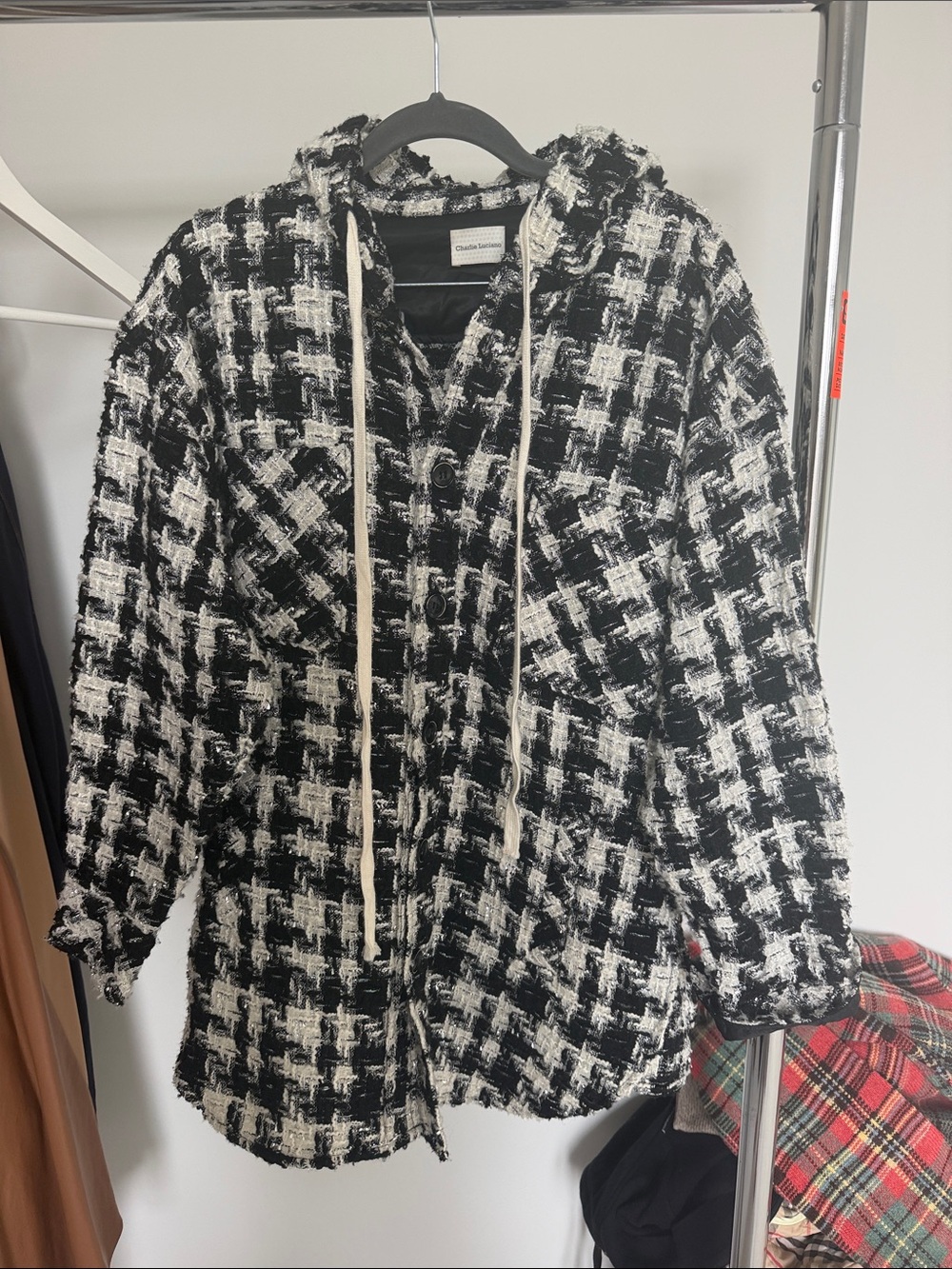 Tweed Hooded Blazer Jacket in Black & White - Unbranded